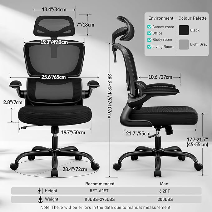High Back Ergonomic Office Chair, Breathable Mesh Desk Chair with Lumbar Support, Adjustable Headrest, Flip-up Armrests, Computer Gaming Chair, (Black, 8Pack)