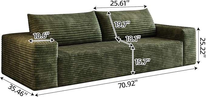 71" Loveseat Sofa in a Box,Plush Corduroy Fabric Deep Seat Couch,No Assembly Required,Space-Saving Design,Comfy Seater Sofa for Living Room, Apartment, Bedroom & Office,Modern,Green