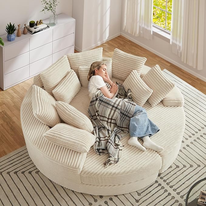 78-inch Oversized Round Chaise Lounge Chair Indoor, Convertible Folding Sofa Bed w/ 10 Pillows, Fluffy Corduroy Boneless Compressed Memory Foam Couch for Living Room, Bedroom (Beige, Left & Right)