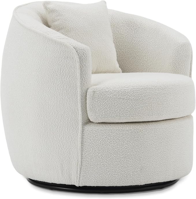 FaFaSoGoodFa Swivel Accent Chair, Modern Upholstered Boucle Barrel Arm Chairs with Pillow for Living Room, 360 Degree Round Swivel Sherpa Armchair with Round Base for Bedroom Club (1, Cream)