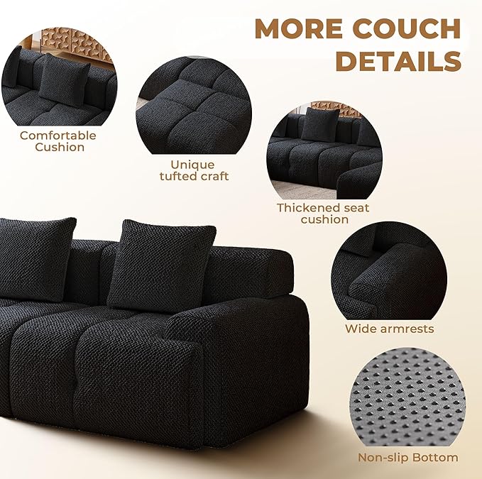 135" Modern L Shaped Modular Sectional Sofa, 6 Seater Convertible Chenille Cloud Couch Sofa Set, Boneless Couches for Living Room with Ottoman, No Assembly Required, Black