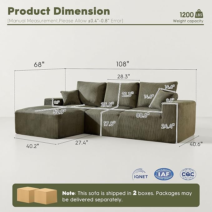WESTSETLUX 108” Cloud Sectional Sofa Couch with High-Seat, Corduroy Modular Sofa with Oversized Chaise, High-Back Modern L-Shaped Couches for Living Room, No Assembly Required (Green)