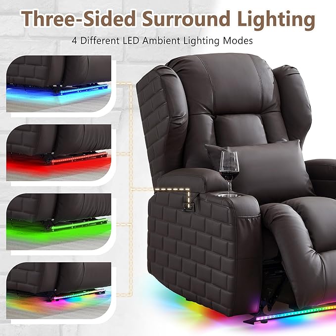 Wall Hugger Power Recliner Chair with Heat and Massage, Overstuffed Reclining Sofa Chair for Living Room Home Theater RV with 3-Side LED Lights/Cup Holders/USB & Type C Port (Brown)