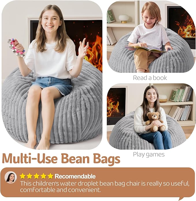Homguava 2FT Bean Bag Chair, 2' Small Bean Bags with Memory Foam Filled, Beanbag Chairs with Machine Washable Cover Dutch Corded Plush Cover for Classroom,Living Room,Bedroom-Light Grey