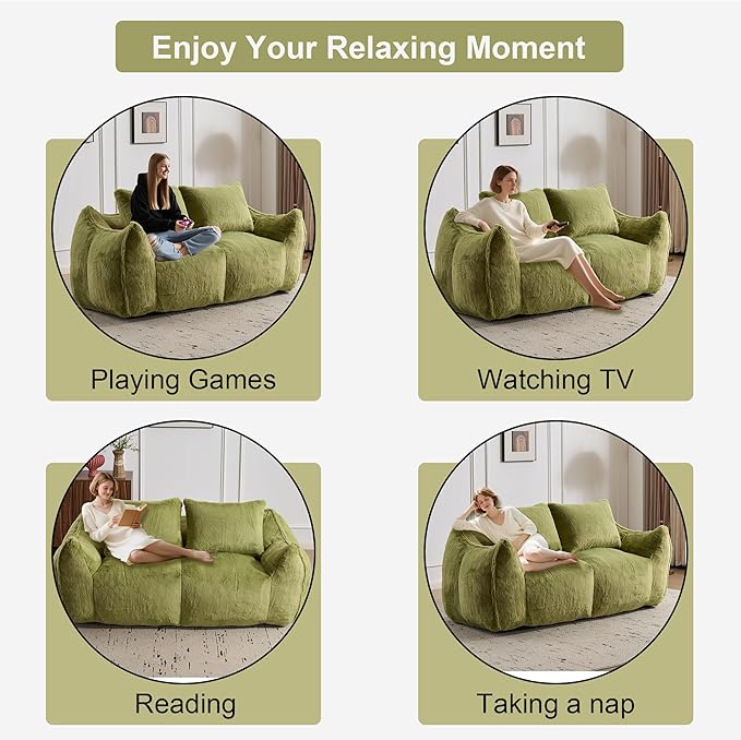 KEIKI Giant Bean Bag Couch for Adults, Oversized Loveseat, 2 Seater Fireside Chair, Comfy Lazy Floor Sofa, Cozy Reading Chair with Pillows for Living Room, Bedroom, No Assembly Required