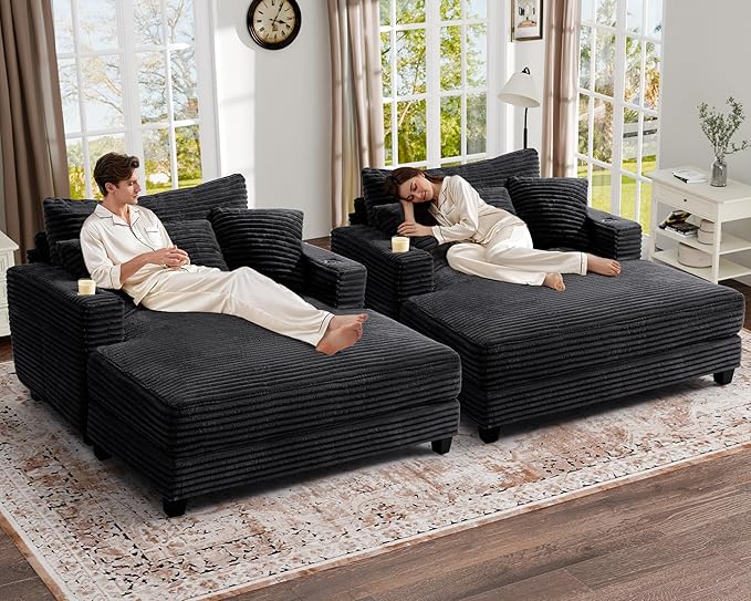 HUSFU Chaise Lounge Chair Indoor, 60'' Oversized Sleeper Sofa, Chaise Lounge Reading Chairs for w/Cup Holder and USB&Type C Port, Fluffy Plush Cloud Sofas Couches for Living Room,Set of 2,Black