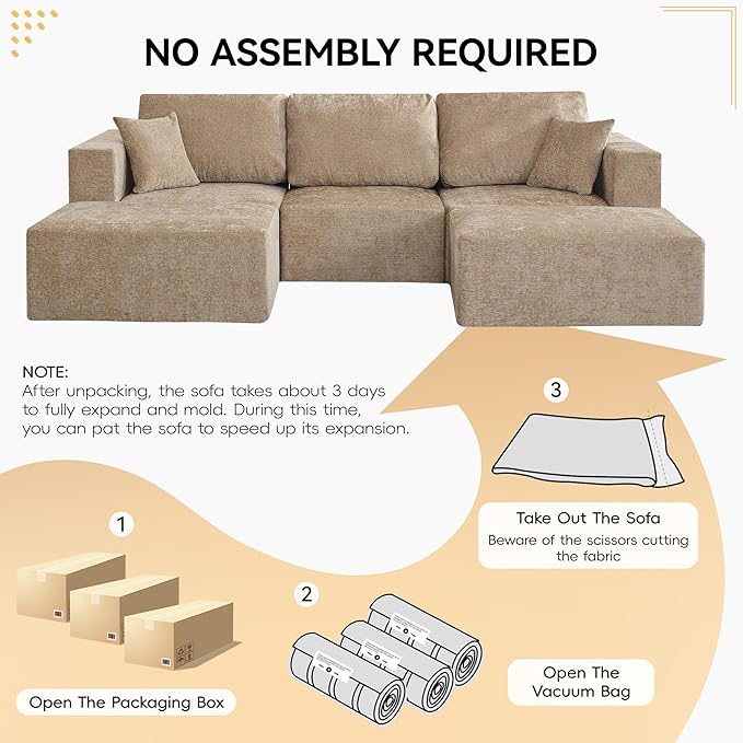 115'' Boneless U Shaped Modular Sectional Sofa, Deep Seat 3 Seater Chenille Couch with 2 Movable Ottomans, Convertible Sleeper Sofa with Chaise for Living Room, Camel