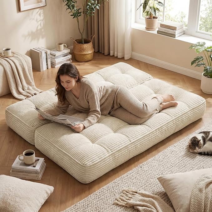 Vercraft 63 Inch Folding Bench Cushion, 4 Inch Thick 2-in-1 Convertible Long Floor Lounger Boneless Cushions Couch Mattress Upholstered for Yoga, Reading, Sleeping, Meditation Living Room(Beige)