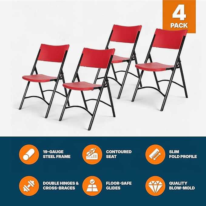 OEF Furnishings OEF600 Series High Back Folding Chairs, Blow-Molded Polyethylene Commercial-Grade Seating for Indoor and Outdoor Use, 500 lb Weight Capacity, 4-Pack (Red)