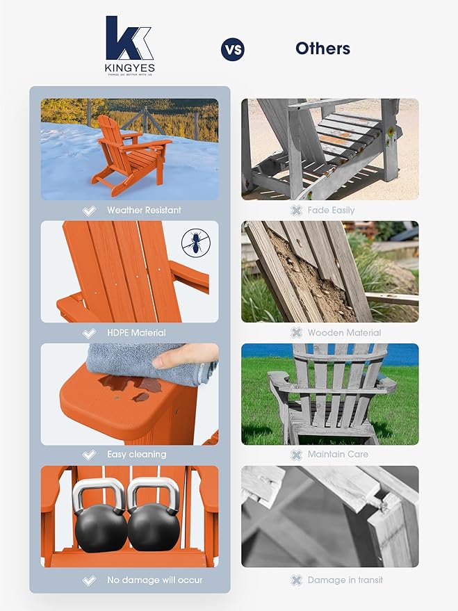 KINGYES Folding Adirondack Chair Set of 2, Dual Cup Holders & All-Weather HDPE, Wood-Like Patio Chair for Backyard, Camping, Pool & Fire Pit, Orange