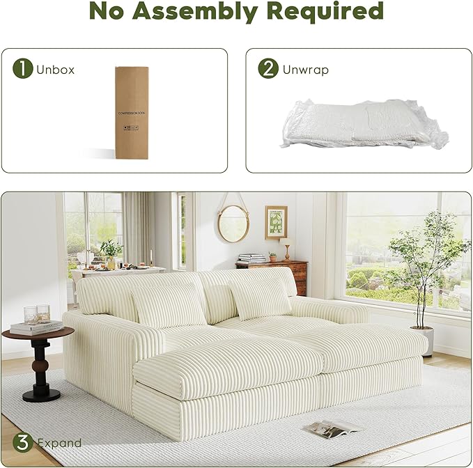 83" Oversized Chaise Lounge Sofa Chair Indoor，Soft Corduroy Fabric, Boneless sofawith Cushion，A Comfortable, deep-Seated Cloud Sofa for use in The Living Room.(2-Seater-White)