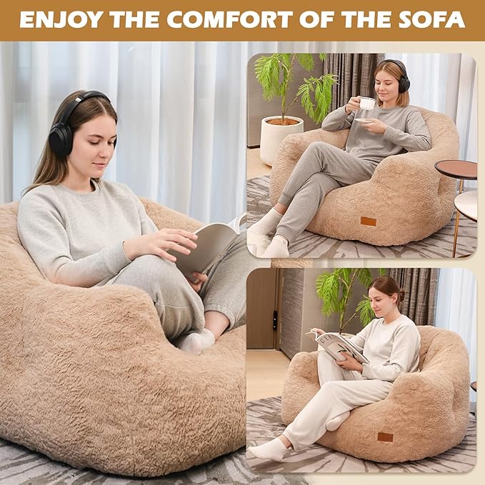 Big Bean Bag Chairs for Adults Giant Sofa with Faux Fur Shell-Shaped Beanbag Couch, Stuffed Large Bean Bag Floor Chair for Living Room, Beanbags Reading Chair for Bedroom Single Sofa(XL-Khaki)