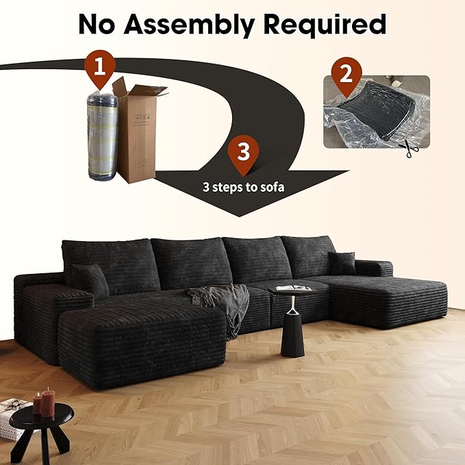 AUGOP 136" Sectional Couches for Living Room Modern Modular Sofa with L-Shape Couchs Upholstered Boneless Couch Deep Seat Sectional Couch with Chaise (Black, Right Facing Chaise+3Seaters+Ottoman)