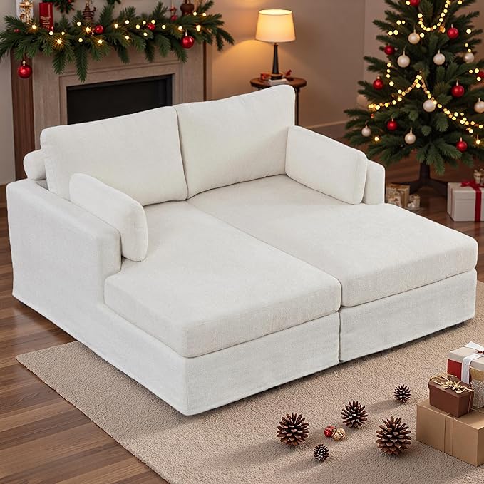 Arouseden 63" Beige Chaise Lounge Chair Indoor,Oversized Double Chaise Lounge with Headrests Offer Neck Comfort,Chenille Sectional Couch,Cozy Oversized Chairs with Armrests and Throw Pillows