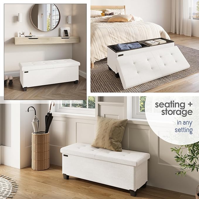 Storage Ottoman Bench with Bins, 43-in Storage Bench for Bedroom End of Bed, Folding Foot Rest Ottoman for Living Room Max 660lbs, Fabric Ottomans, Cream