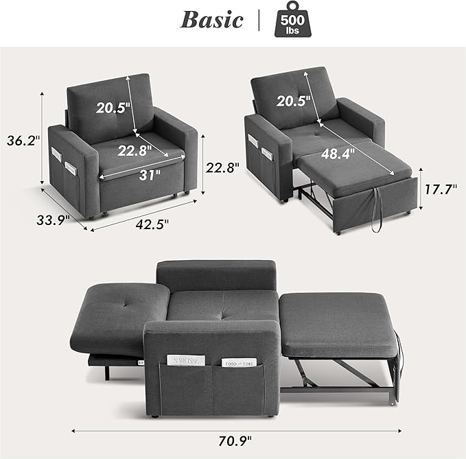 WEUP 42.5" Sleeper Chair Bed, 3-in-1 Oversized Convertible Sleeper Sofa Chair with Pull Out Bed, Reclining Adjustable Backrest/Side Pockets, Tool-Free Assembly, Basic Dark Grey