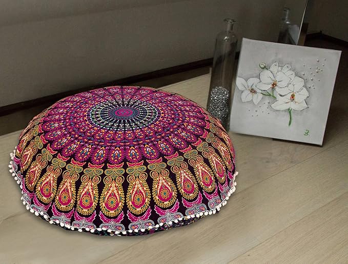 Shubhlaxmifashion 32" Purple Mandala Floor Pillow Cushion Seating Throw Cover Hippie Decorative Bohemian Ottoman Poufs, Pom Pom Pillow Cases,Boho Indian