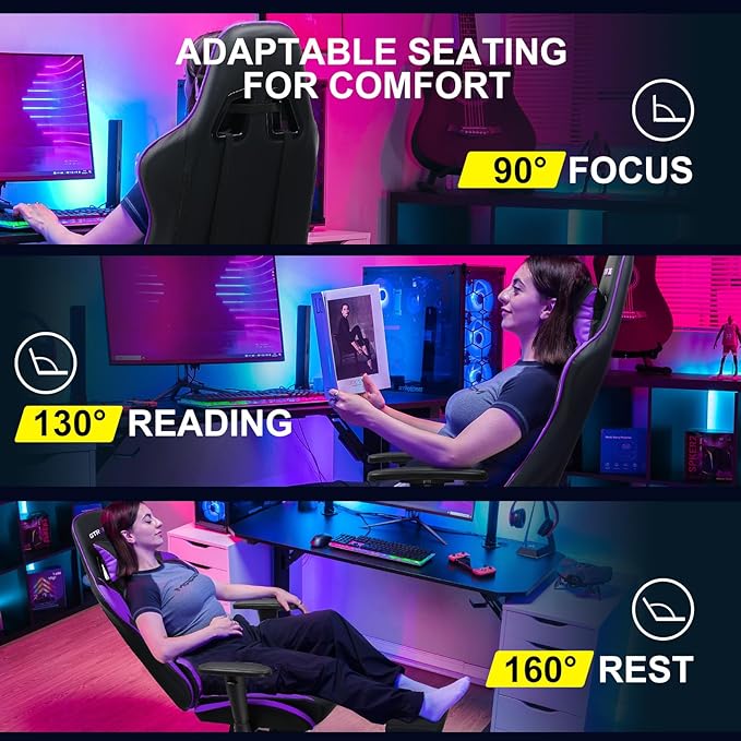 GTPLAYER Gaming Chair with Footrest, Ergonomic Computer Game Desk Chair, Reclining Game Chair Seat Height Adjustment, Swivel Rocker with Headrest and Lumbar (Purple)