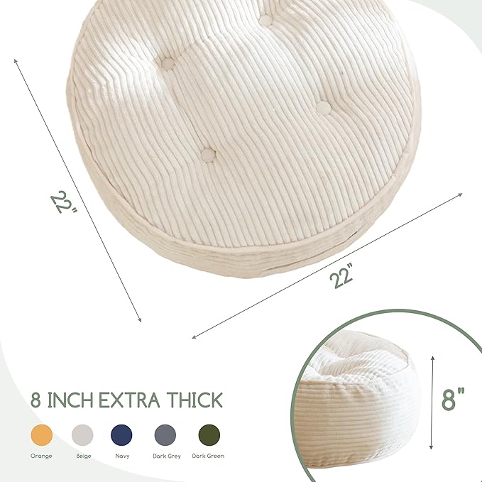 8" Washable Floor Pillow Cushion for Adults, Meditation Cushion Pillow, Large Round Floor Sitting, Removable Tufted Corduroy Cover, for Tatami Living Room or Yoga, 22x22 Inch, 2Pack, Machine Washable