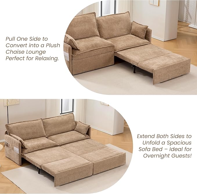 GRAINLLE King Size Pull Out Couch,3-in-1 Corduroy Sleeper Sofa Couch with Pull Out sofa bed,USB & Side Storage,Convertible Loveseat Sleeper couch for Living Room, Bedroom, pet-friendly (Khaki, 73.6'')