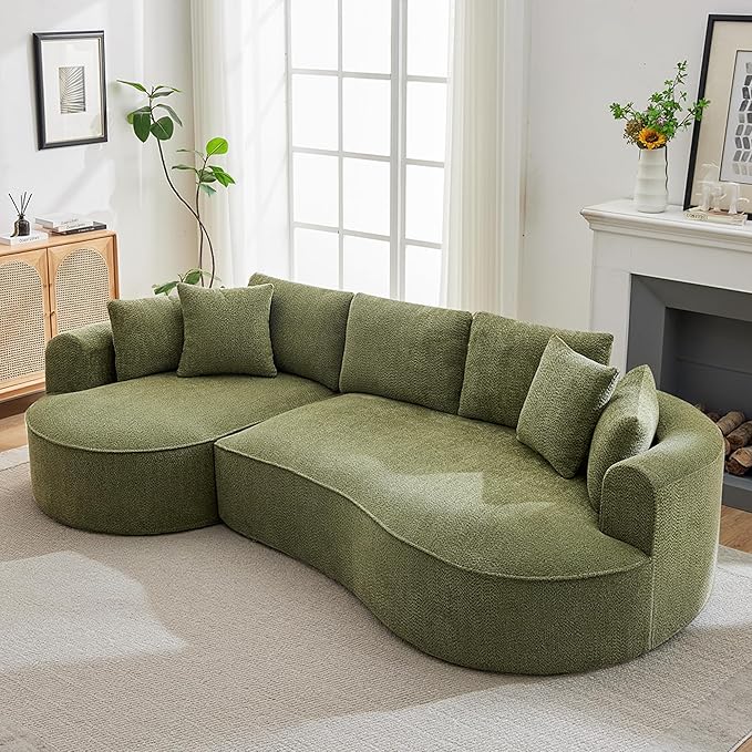 Opiesit 124" Oversized Boneless Couches for Living Room, Sectional Curved Sofa with 7 Pillows, L-Shape Boneless Couch with Deep Seat, High-Density Memory Foam, No Assembly Required, Chenille (Green)