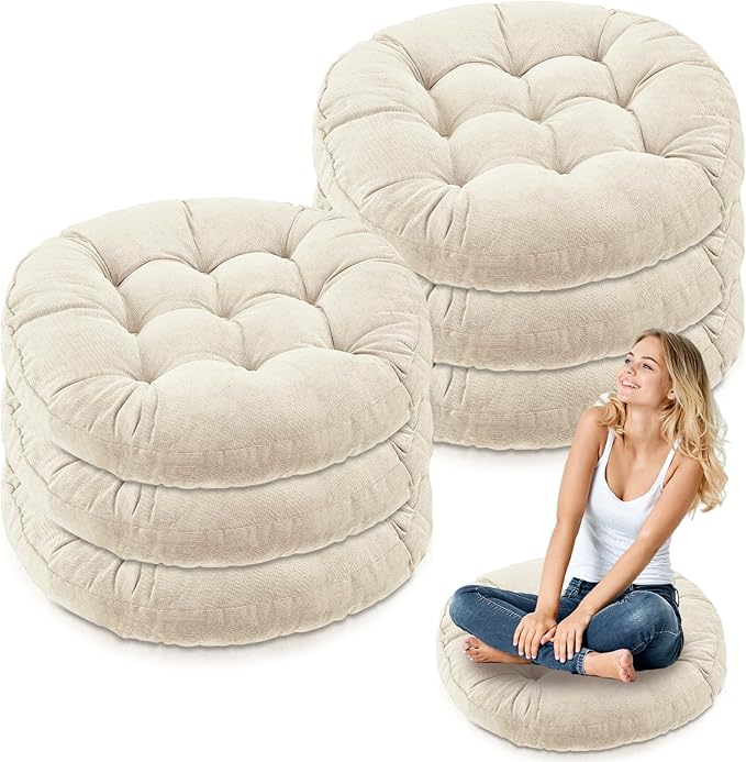 Jerify Floor Pillow Cushions 22 x 22 Inch Round Square Large Meditation Floor Pillow for Classroom Adult Meditation Picnic Party Cushion for Seating Gift Christmas(Round,Beige,6 Pcs)