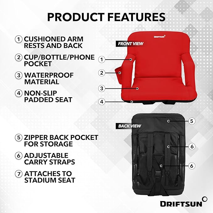 Driftsun Extra Wide Stadium Seats with Back Support - Deluxe Foldable Stadium Chairs for Bleachers - Folding Waterproof Sport Chair - Easy to Transport