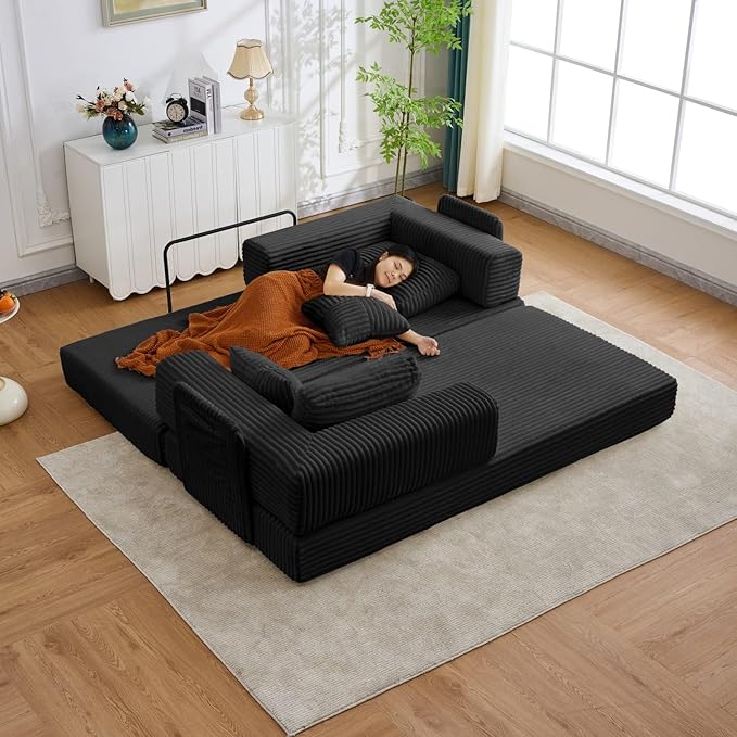 Folding Sofa Bed, Corduroy Loveseat Sleeper with Fixed-Shape Frame, No Assembly Needed Futon Couch, Convertible Floor Sofa Lounge Couch for Living Room, Bedroom, Lounge Studio, Black