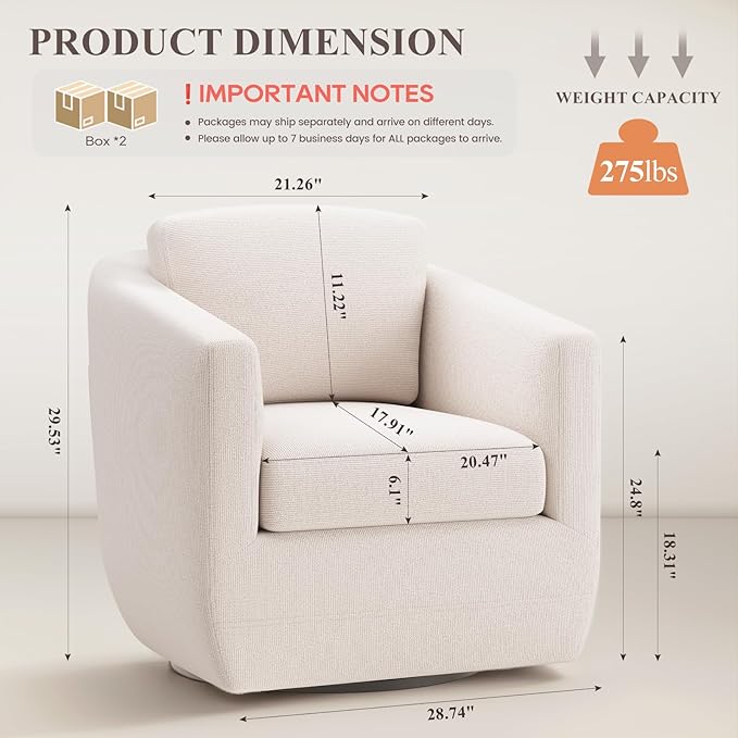 MALOL 360° Swivel Accent Chair Set of 2 with Pillow - Comfy Living Room Armchair No-Sag Foam & Sturdy Metal Base, Fully Assembled Swivel Accent Single Sofa for Bedroom Living Room, Office, Beige