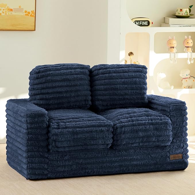 MAXYOYO Extra Wide Kids Bean Bag Chair, Comfy Faux Fur Bean Bag Sofa with Filler, Upholstered Floor Sofa with Pillows and Armrests, Lazy Floor Chair Couch for Boys and Girls, Navy