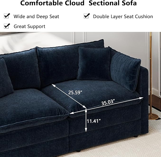 Aoowow Modular Sectional Sofa Modern Convertible L Shaped Couch,112.2 Inch Deep 3-Seater Sofas Set Comfy Chenille Cloud Sofas and Couches with Movable Ottoman for Living Room Apartment（Blue）