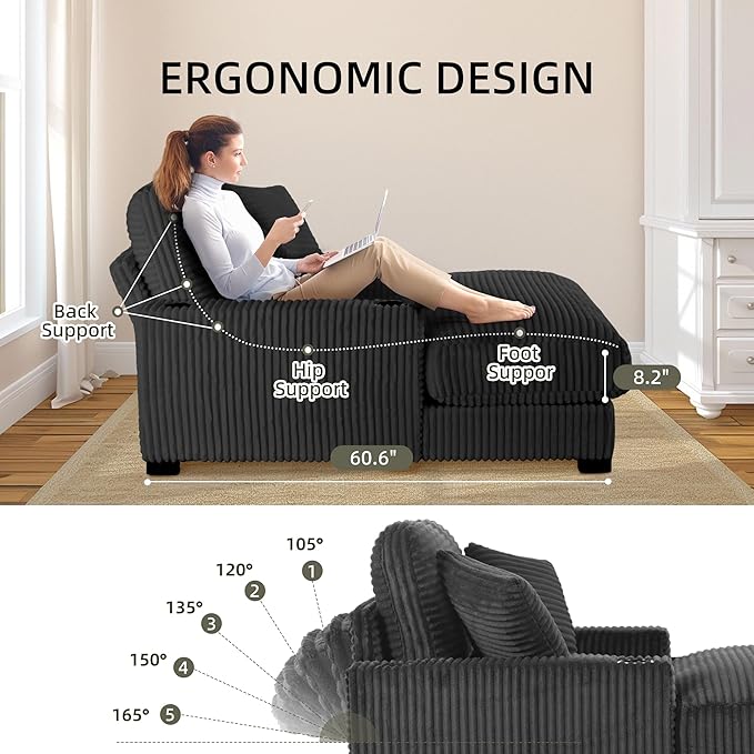 Oversized 60" Chaise Lounge Chair with Adjustable Backrest, Solid Wood Frame Corduroy Upholstery, Cup Holder USB & Type-C Port, 2 Pillows Sleeper Couch Deep Seat for Living Room, Bedroom, Black