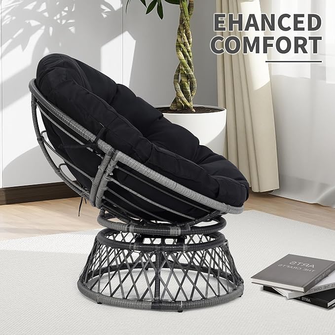 Kromax 40" Ergonomic Wicker Papasan Chair, 360° Swivel Round Egg Chair with Soft Thick Cushion, Indoor Outdoor Use for Living Room, Bedroom, Reading Room, Grey Frame with Black Cushion