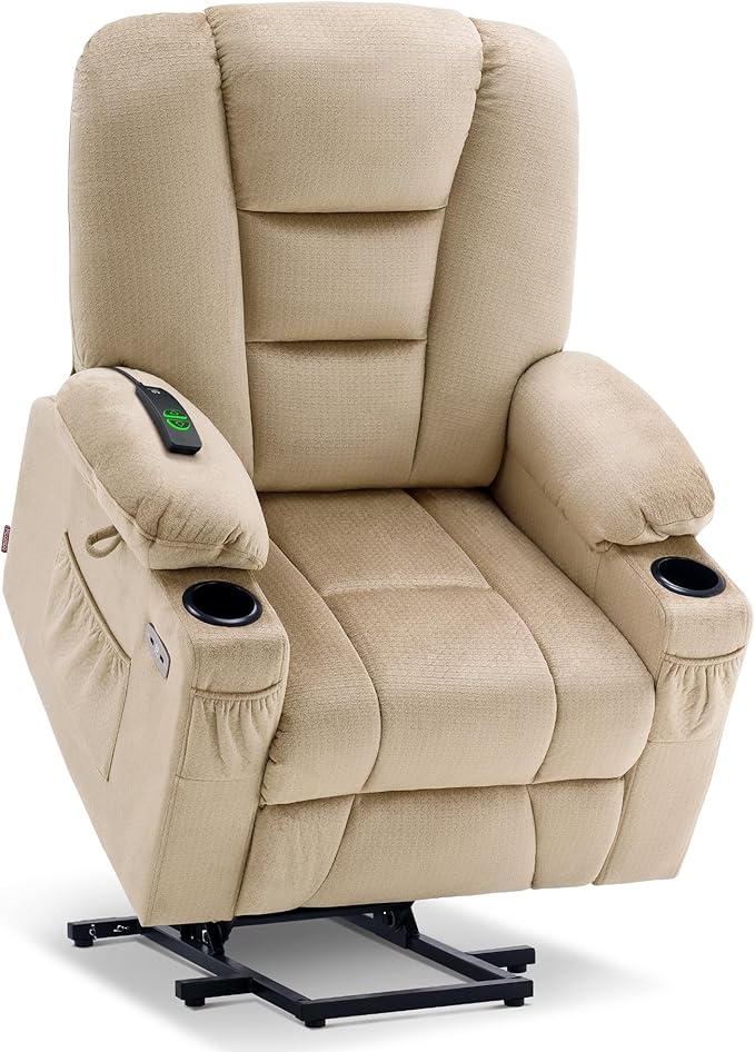 MCombo Power Lift Recliner Chair with Massage and Heat for Elderly People, Cup Holders, USB Ports, Side Pockets, Fabric 7529 (Medium, Beige)
