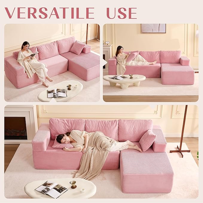 Afuson 107" Boneless Couch with Deep Seat, Modular Sectional Sofa, Cloud Sectional Couch for Living Room, No Assembly Required, Corduroy, L-Shape Left, Pink
