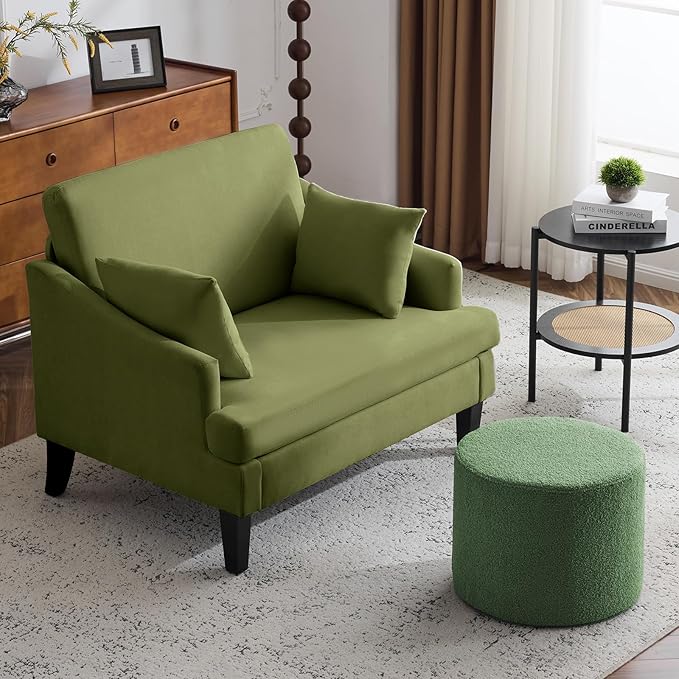 Bezseller Oversized Accent Chair with Ottoman - 33.5'' Wide Seat Comfy Armchair with 2 Pillows, Upholstered Big Reading Chair, Modern Single Sofa Chair for Living Room Bedroom Office, Green/Green