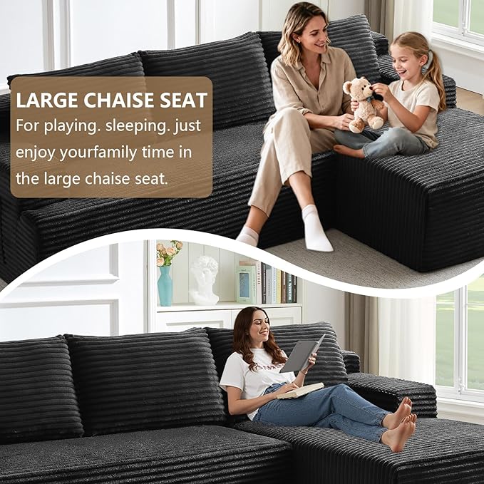 96.1" Modular Sectional Sofa Couches L-Shape Couch 3 Seat Modular Sofa Corduroy Memory Foam Sectional Boneless Couches for Living Room, Cloud Couch with Oversized Chaise(Black, Right Facing)