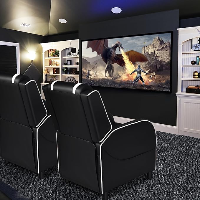 GYMAX Gaming Recliner, Massage Gaming Chair w/Adjustable Footrest, Remote Control & Side Pocket, Ergonomic Game Lounge Chair, Racing Style Single Theater Seat Game Sofa for Adults (White)