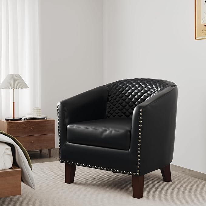 DREAMSIDEA Accent Barrel Chair, Upholstered Faux Leather Club Chair with Nailed Trim, Comfy Reading Armchair for Living Room Bedroom Reception Room Office (Black, Set of 1)