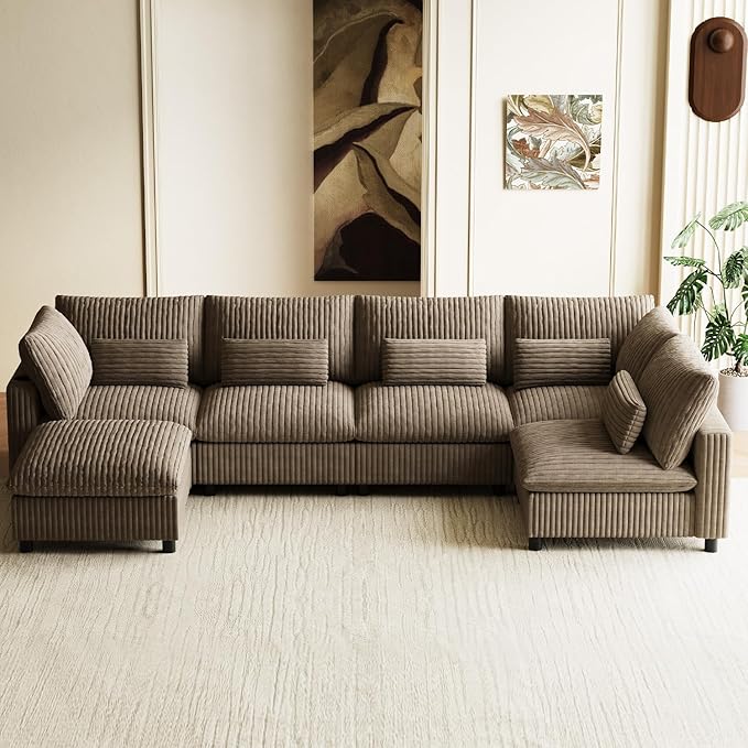130" W x 67" D U Shape Sectional Sofa with USB Charging & Cup Holder & Storage, 6 Seater Plush Corduroy Couches with Movable Ottoman, Cloud Couch Sofas for Living Room, DIY Combination - Camel