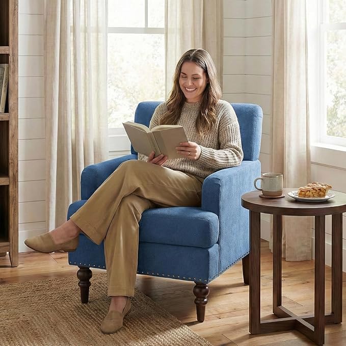 Upholstered Accent Chair with Thick Cushion, High Back Reading Chair, Linen Blend Armchair with Solid Rubberwood Legs for Living Room, Bedroom, Reading Nook, Apartment & Small Spaces,Blue