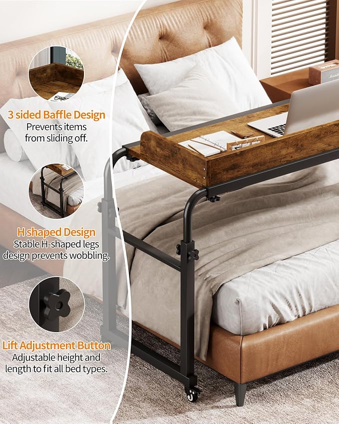 Saifu Overbed Table with Wheels,Adjustable Height & Length Laptop Desk for Bed,King & Queen Size Beds Bed Table,Rolling Standing Desk,Over Bed Table for Working Reading Eating,Brown