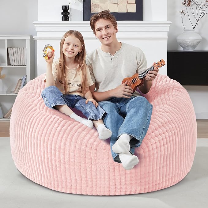 Homguava 3 FT Bean Bag Chair,3' Big Bean Bag,Large Bean Bag Chairs for Adults with Memory Foam Filled,Comfy Beanbag Chairs Soft Bean Bag Sofa with Dutch Corded Plush Cover-Soft Pink