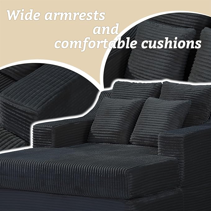 47" Boneless Chaise Lounge Chair Indoor,No Assembly Single Sleeper Upholstered Boneless Couch with 4 Pillows,Comfy Pet Friendly High Weight Capacity Foam for Bedroom,Living Room,Study Room,Black