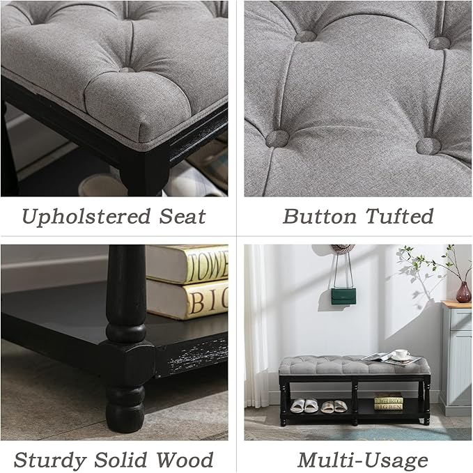 Farmhouse Storage Bench Wooden Entryway Linen Upholstered Ottoman Button Tufted Bench with Black Legs for Bedroom End of Bed Hallway Organizer, Grey, 45 Inch