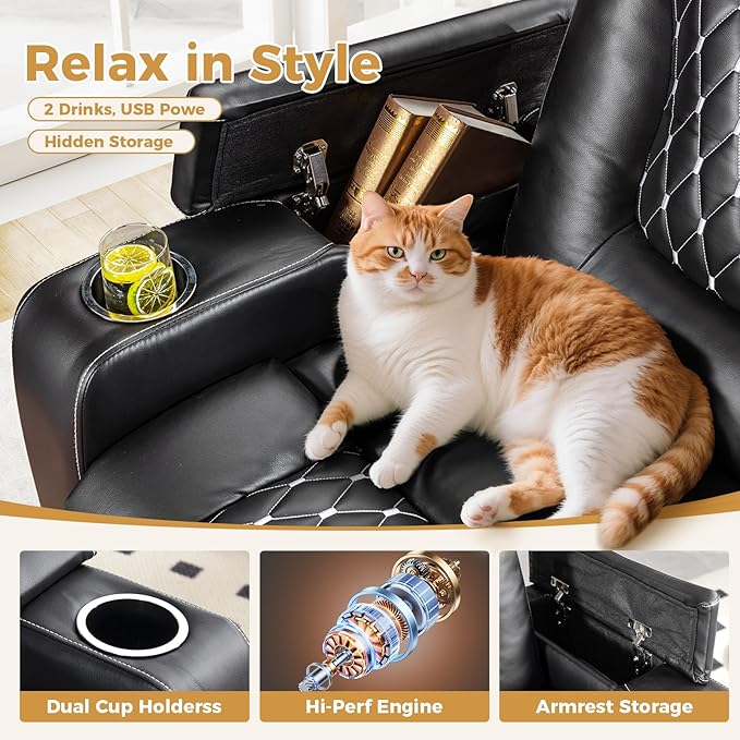 ANJ Power Recliner Chair with USB Ports and Cup Holders - Overstuffed Electric Home Theater Seating PU Leather Reclining Furniture with Hidden Arm Storage, Easy to Clean (Set of 2, Black)