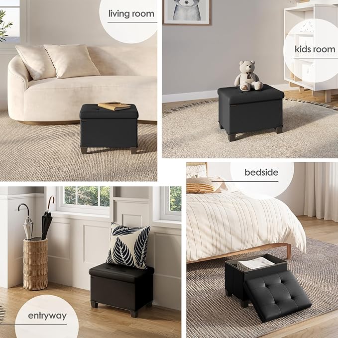 Storage Ottoman Cube with Small Bin, 16-in Square Ottoman with Storage for Living Room and Bedroom, Small Ottomans Foot Rest, Faux Leather Foot Stools Ottomans Max 330lbs, Black