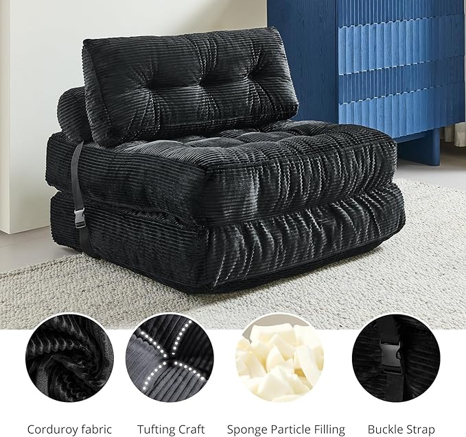 Convertible Sofa & Couch Bed - Oversized Adult Sleeper Chair & Bean Bag Chair, Foldable Floor Bed with Backrest, Comfortable Lazy Sofa for Bedroom, Living Room & Dorm (Black, Single)