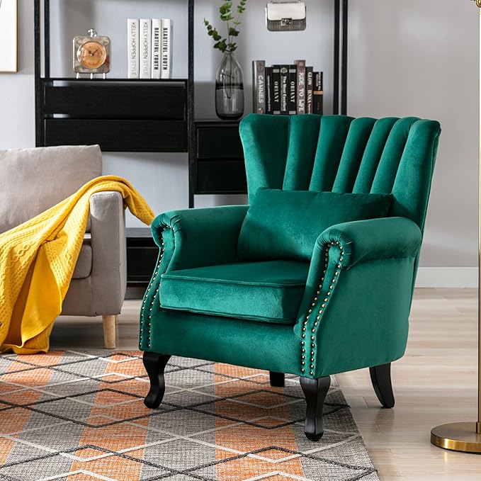 chairus Mid-Century Modern Accent Chair Comfy Single Sofa Chair Channel Back Armchair with Small Pillow for Living Roon Bedroom Club - Velvet, Green