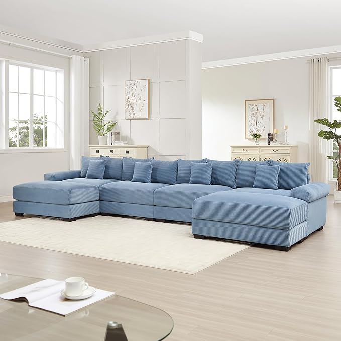 KEIKI 168" U-Shaped Oversized Corduroy Modular Cloud Sectional Sofa with 2 Ottoman, High-Density Foam Cushion, Extra-Thick Armrest, 4-Seater Fluffy Corner Couch with 12 Pillow, for Living Room, Blue